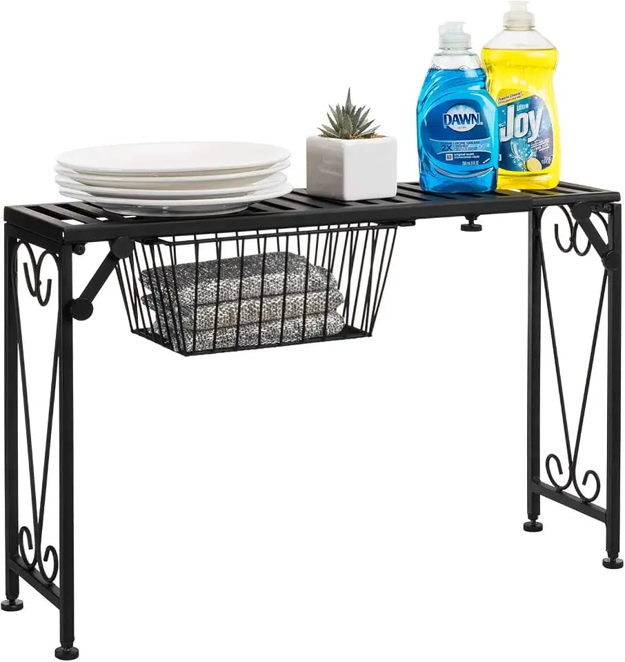 MyGift Expandable Black Metal Over Sink Shelf with Pull Out Drawer