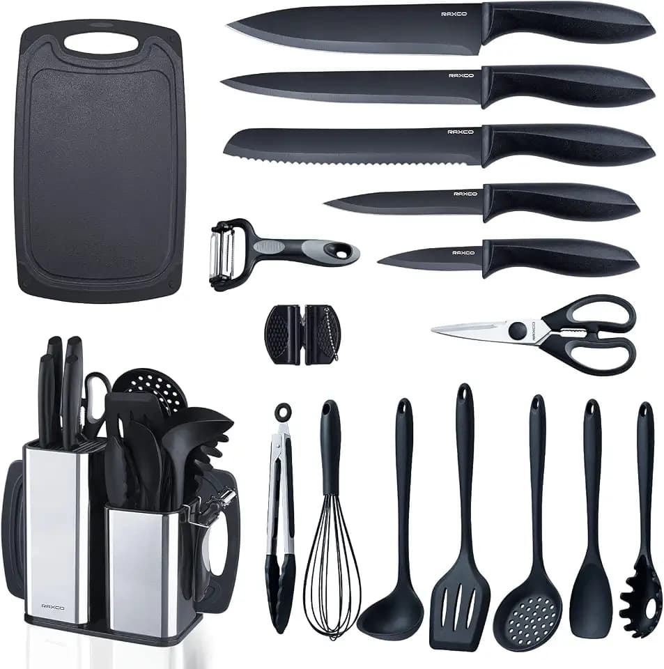 RAXCO Kitchen Utensils Set,18-Piece Cooking Utensils and Knife Set,Black