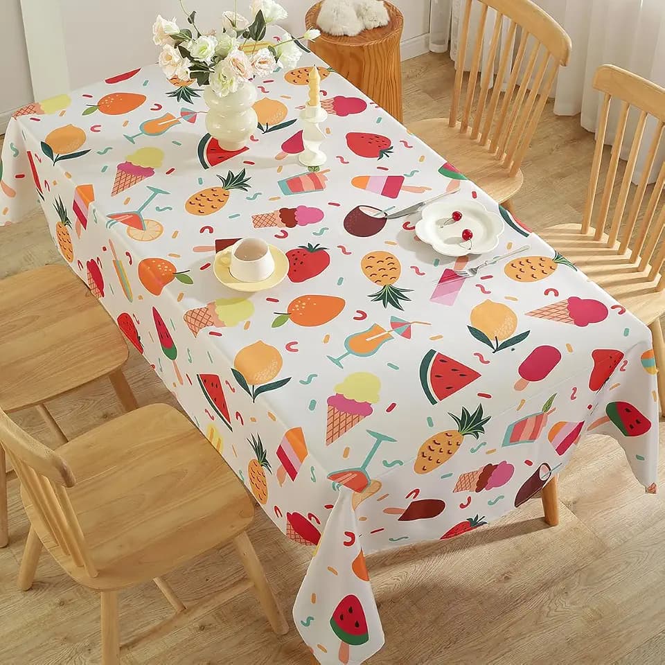 Summer Tablecloth Rectangle 52 x 70 Inch, Lemon Ice Cream Pineapple