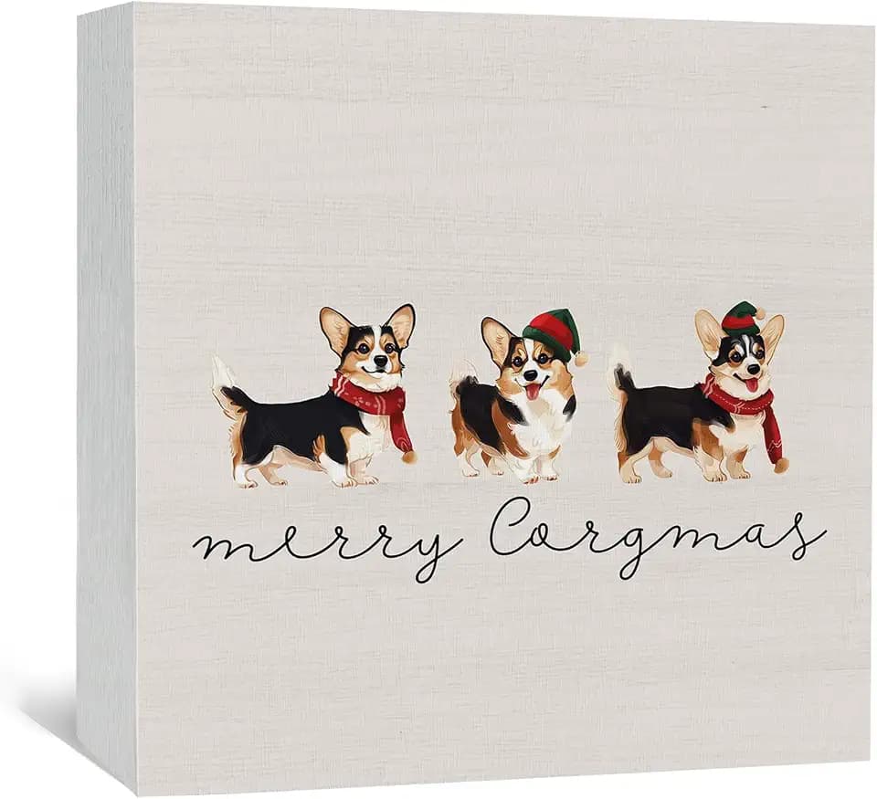 Corgi Christmas Wooden Box Sign, Corgi Gifts Dog Christmas Decorations, Merry Corgmas Wood Signs For Home Office Desk Shelf Table Decor, 5x5 Inch