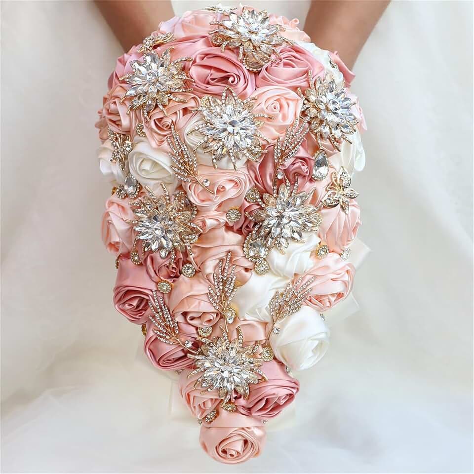 Handmade Satin Rose Water Drop Bridal Bouquet,8.7inch Crystal Wedding Round Tossing Bouquet,Jewelry Proposal Bridesmaid Bouquet Groom Corsage Bride Wrist Flower Ivory (Champagne Pink)