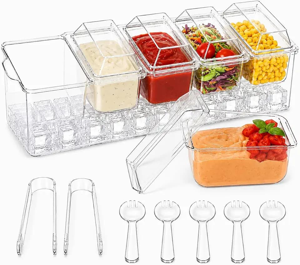 Condiment Caddy, 5 Compartment Ice Chilled Serving Tray, Serving Platter Condiment Container with Separate Lid, Fruit Garnish Tray for Party Supplies & Bar Accessories (5 Spoons & 2 Tongs)