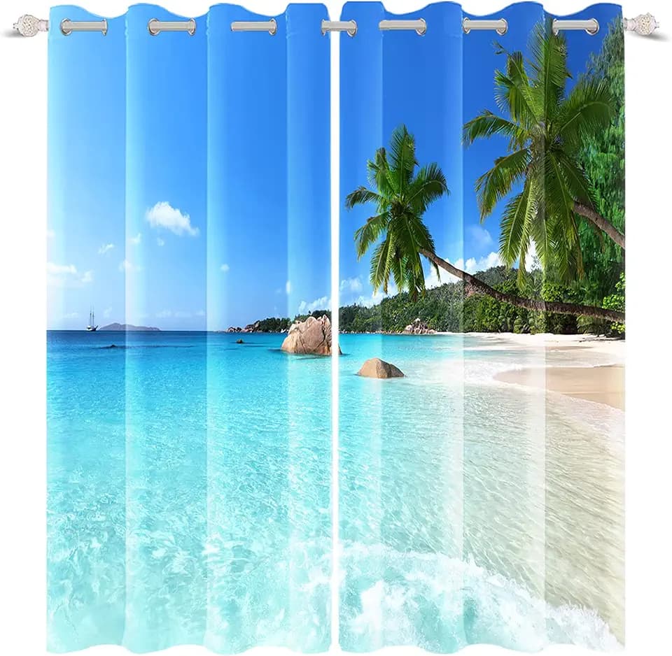 Renaiss Seaside Window Curtains Sunny Beach Ocean Waves Coconut Palm Window Treatments Blue Sky Seawater Blackout Drapes for Man Woman Bedroom Living Room Decoration Home Decor 21x45 Inches x 2 Panels