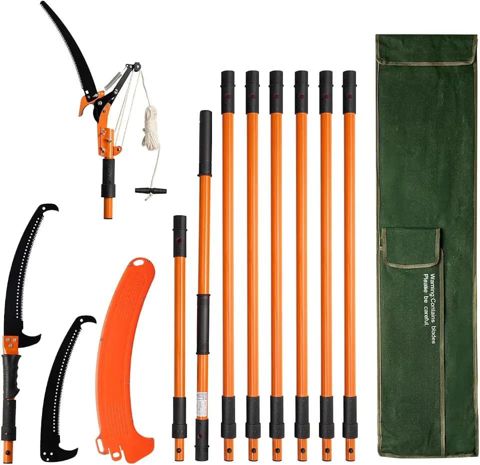 VEVOR Manual Pole Saw, 4.46-26.4 ft Extendable Tree Pruner with Scissors, Sharp 65Mn Steel Blade, Lightweight Fiberglass Handle Pole, Two Double-Hook Saws, for High Branch Trimming, Palms and Shrubs