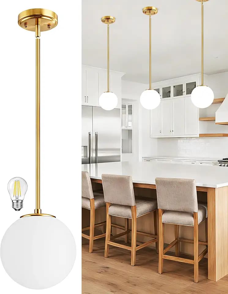 Majade 7.4" Globe Pendant Lights Kitchen Island Gold Mid Century Modern Pendant Light Fixtures Ceiling Lighting with Milk Glass Shade Adjustable Brushed Brass Hanging Light for Dining Room