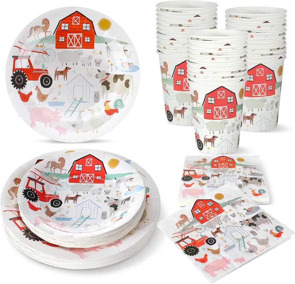 FoldTier 100 Pcs Farm Animal Theme Party Plates Set, Including 25 Pack 9 Inch and 7 Inch Farm Paper Plates, 25 Disposable Napkins and 25 Paper Cups, Fit for Birthday Decorations, Baby Showers