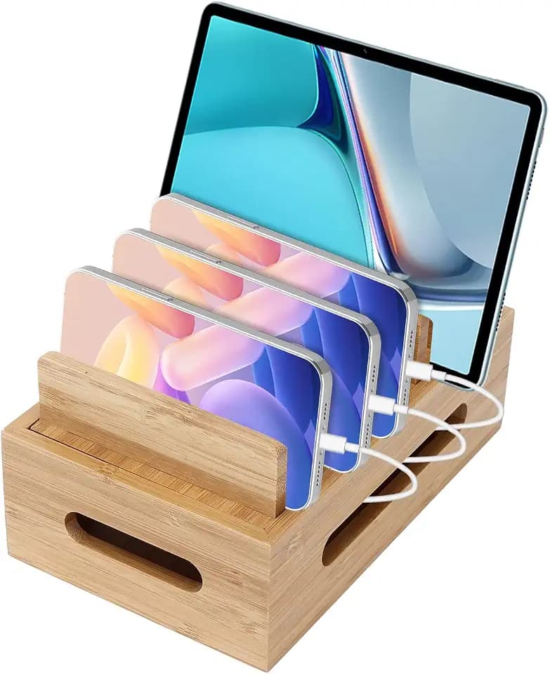 Holz Ladestation für Mehrere Geräte, 6 Fächer Desktop Handy Docking Holder USB Multi Charger Organizer Dockingstationen Kompatibel mit Telefon, Tablet, Uhr, Ohrhörern