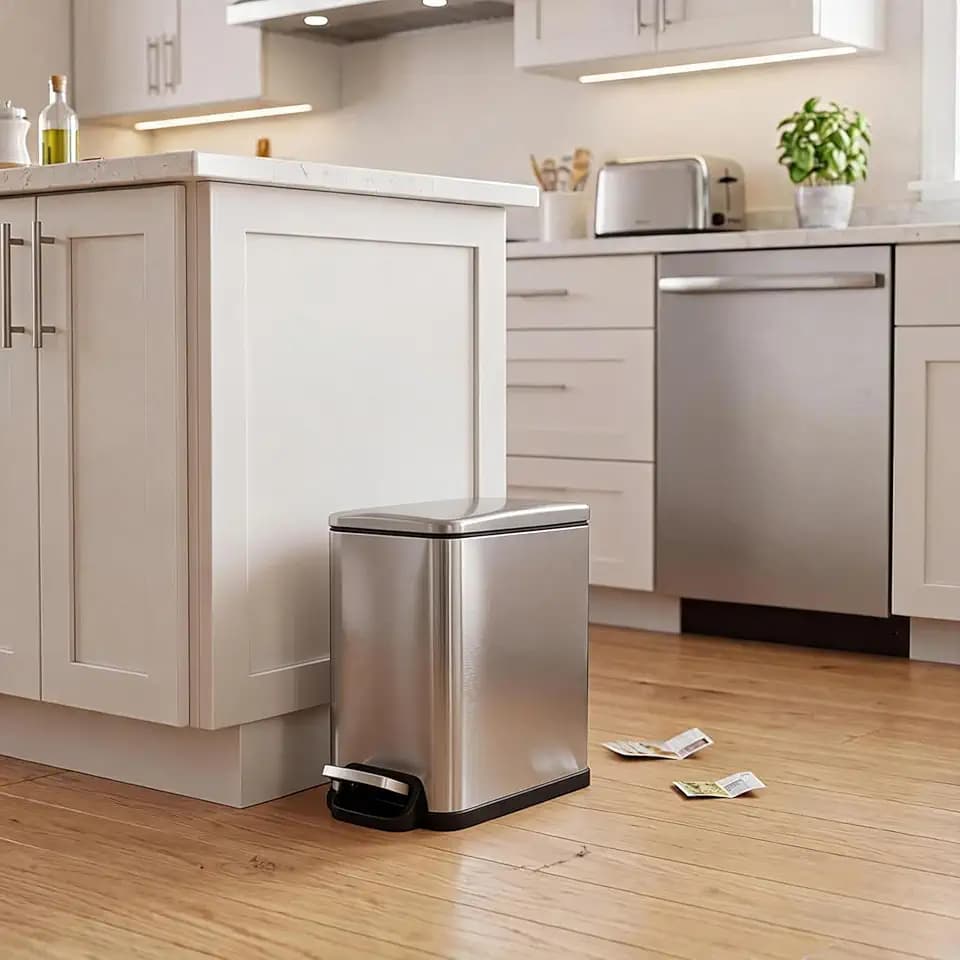 Takywep Slim Kitchen Trash Can with Lid, 10L Narrow Stainless Steel Garbage Can, Step Pedal Trash Bin with Soft Close & Stay Open Lid, Space Saving Can with Inner Bucket for Bathroom Office Silver