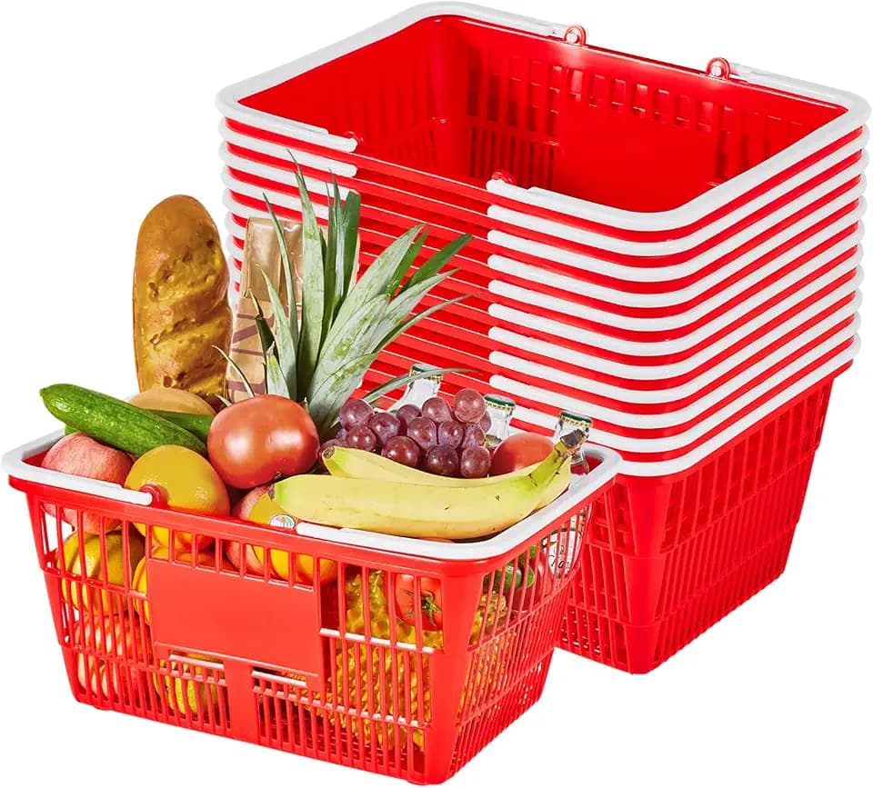 VEVOR Shopping Baskets, 12 PCS, 21L Stackable PE Plastic Grocery Baskets with Handles, Dense Mesh Structure, Holds up to 20 lbs, Portable for Grocery, Retail, Stores, Supermarket, Home Use, Red