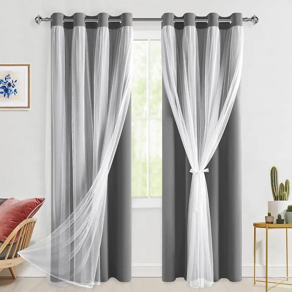 Hiasan Grey Blackout Curtains with Sheer Overlay, 52W X 84L, 2pcs
