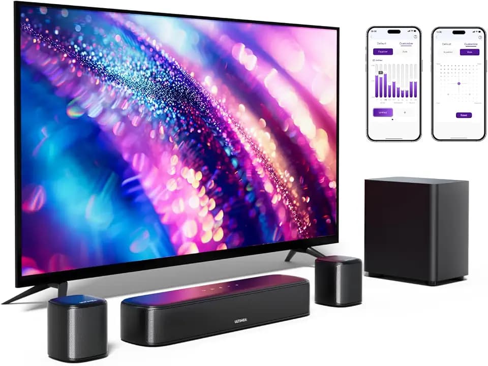 ULTIMEA 5.1 Surround Sound System, Soundbar für TV Geräte mit App Steuerung, Soundbar mit Subwoofer, 2 Surround Lautsprechern, Heimkino Soundsystem mit verstellbarem Bass, Bluetooth 5.3, Aura A30