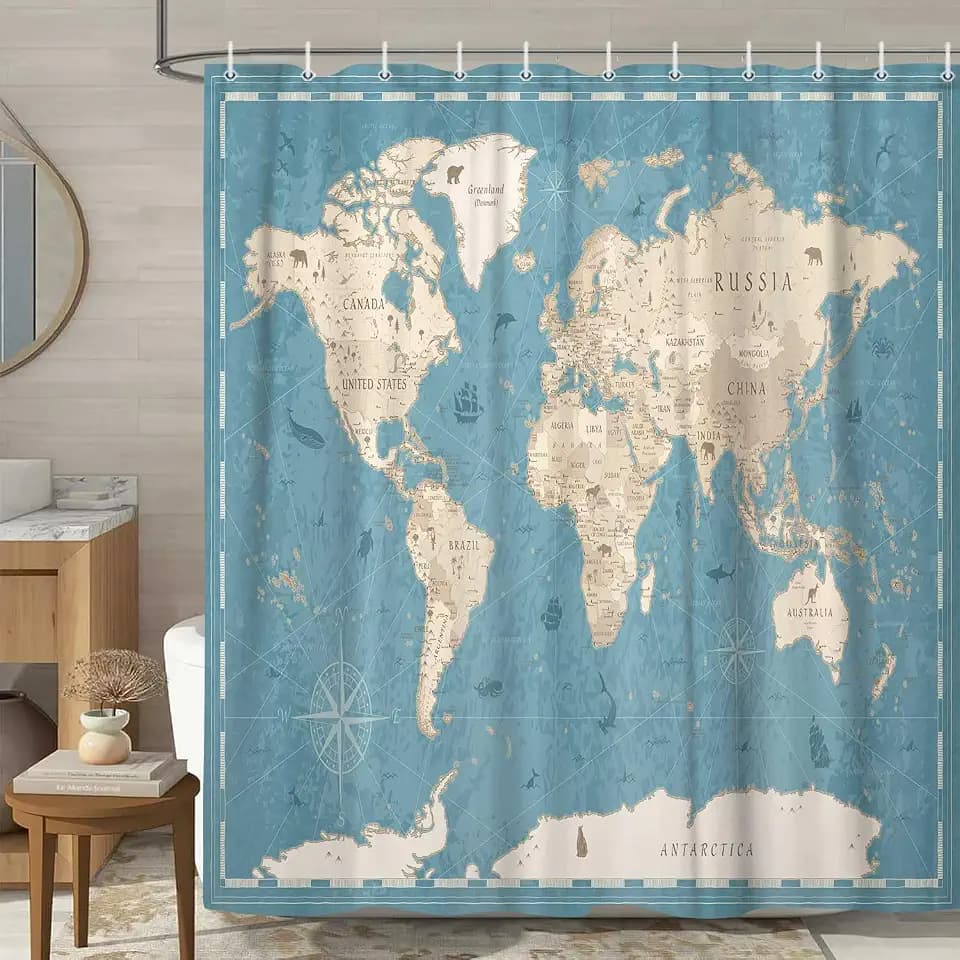 World Map Shower Curtain, Map of The World with National Educational Kids Bathroom Decor, Kids Teen Blue Restroom Bathtub Decor Accessories with Hooks, 70X70IN