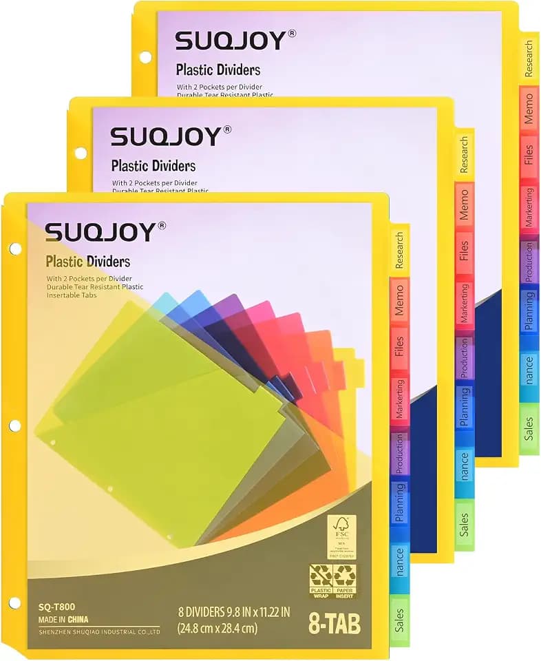SUQJOY 8-Tab Dividers for 3 Ring Binder, 24 Count Binder Dividers with Pockets, Subject Dividers, 3-Hole Plastics Sheets Protectors for US Letter Size in 0.5", 1",2" Binders, Vibrant 8 Color, 3 Packs