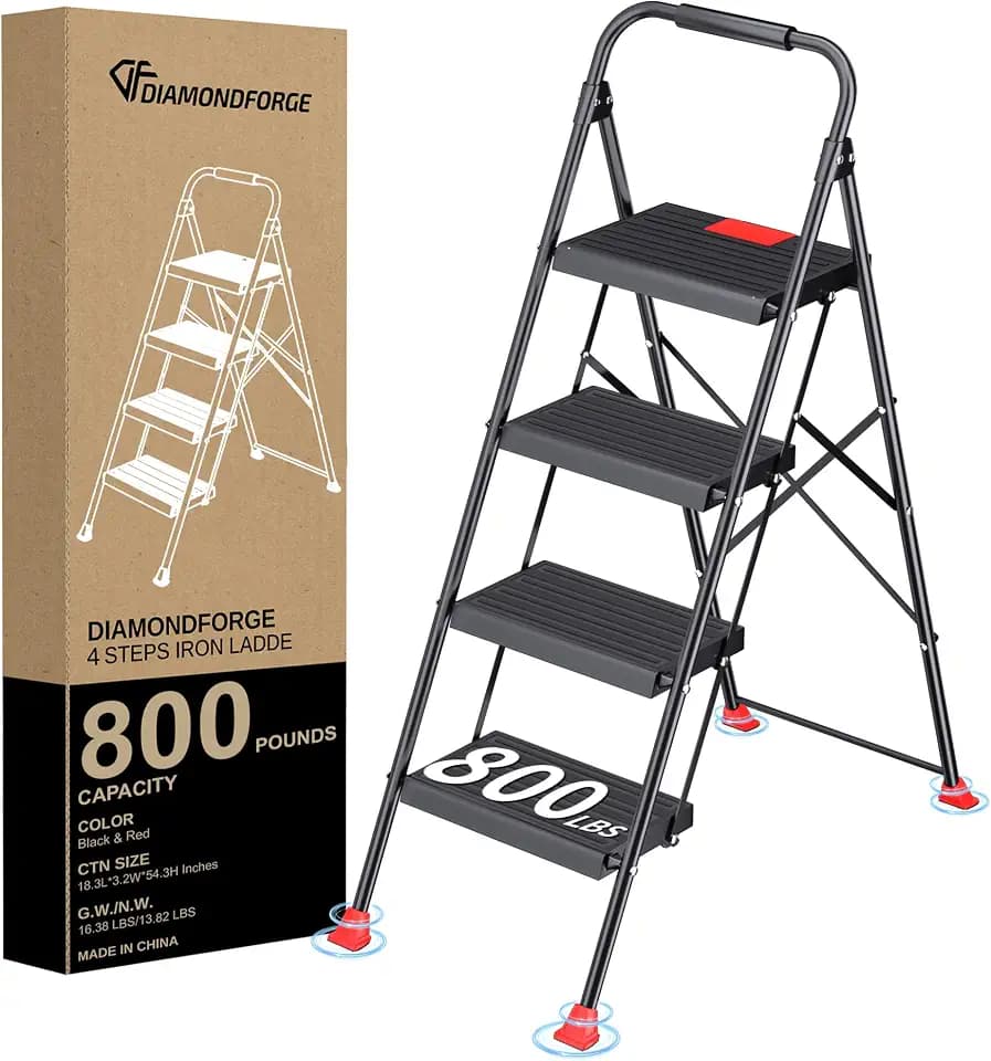 Step Ladder Foldable Folding Stool - for Home Adults Kitchen 4 Stepping Extension Tall Heavy Duty with Handrails - Closet Stepstool Stair Ladders Extendable Stepladder for Indoor House 800Lbs