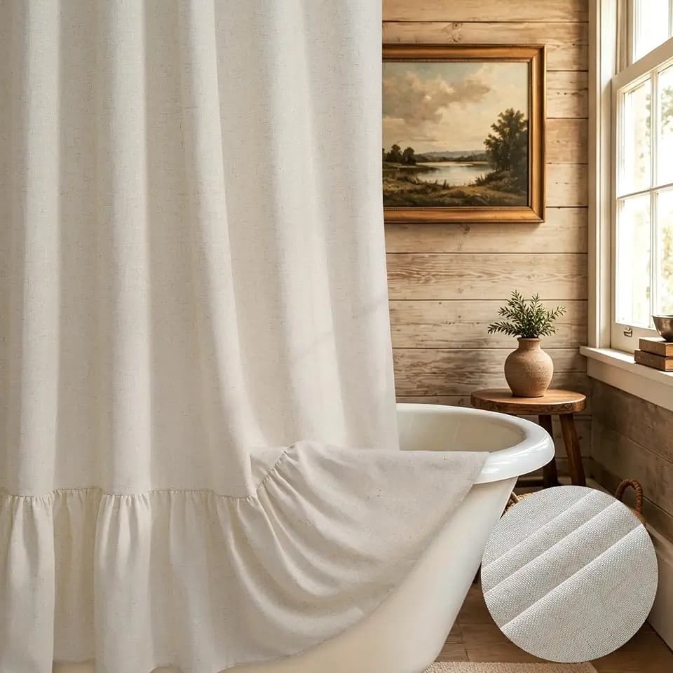 Yinhua Farmhouse Shower Curtain with Ruffle, Vintage Linen Shower Curtain Set with 12 Hooks for Bathroom, Beige Striped Bath Curtains Waterproof Washable Fabric, 72" W x 72" L