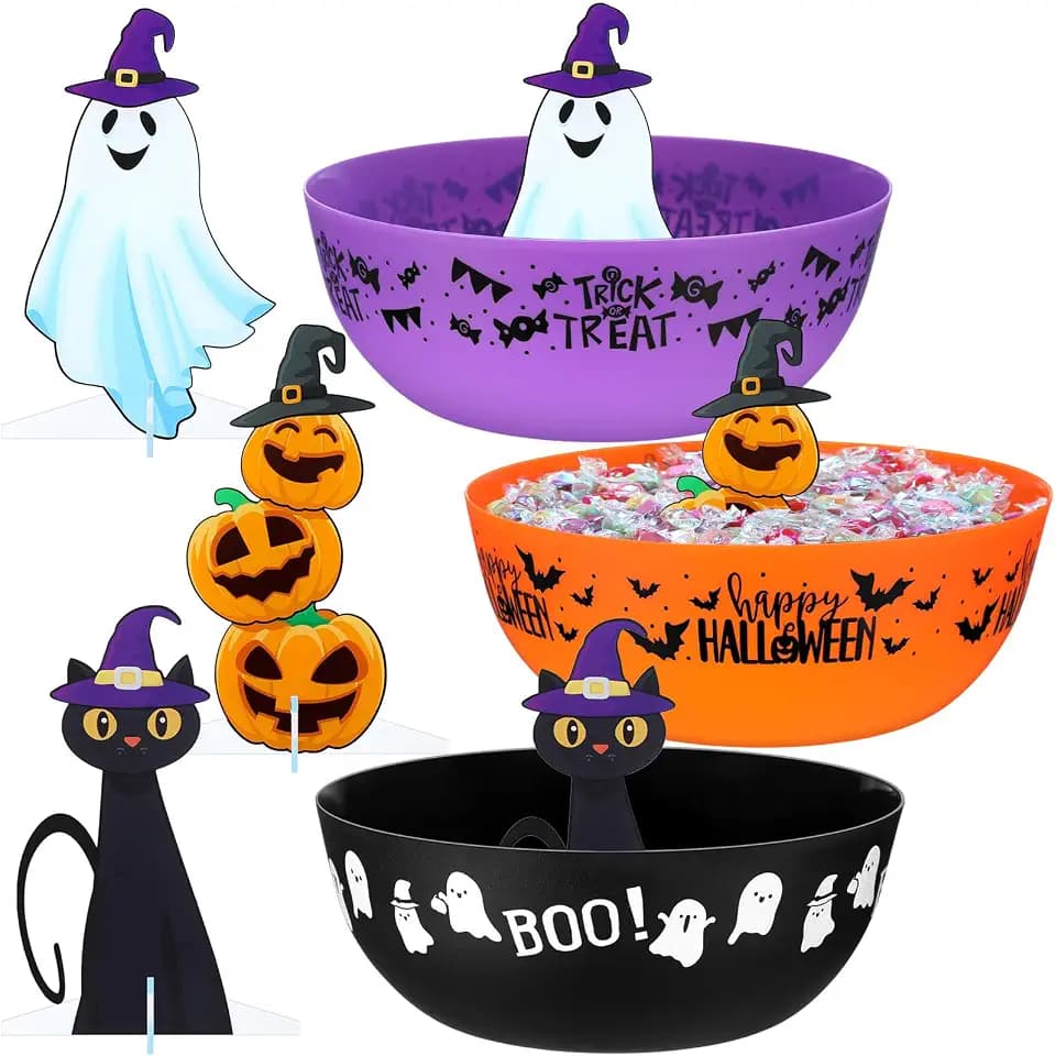 Tioncy 3 Set Large Halloween Candy Bowl Plastic Trick or Treat Serving Bowl