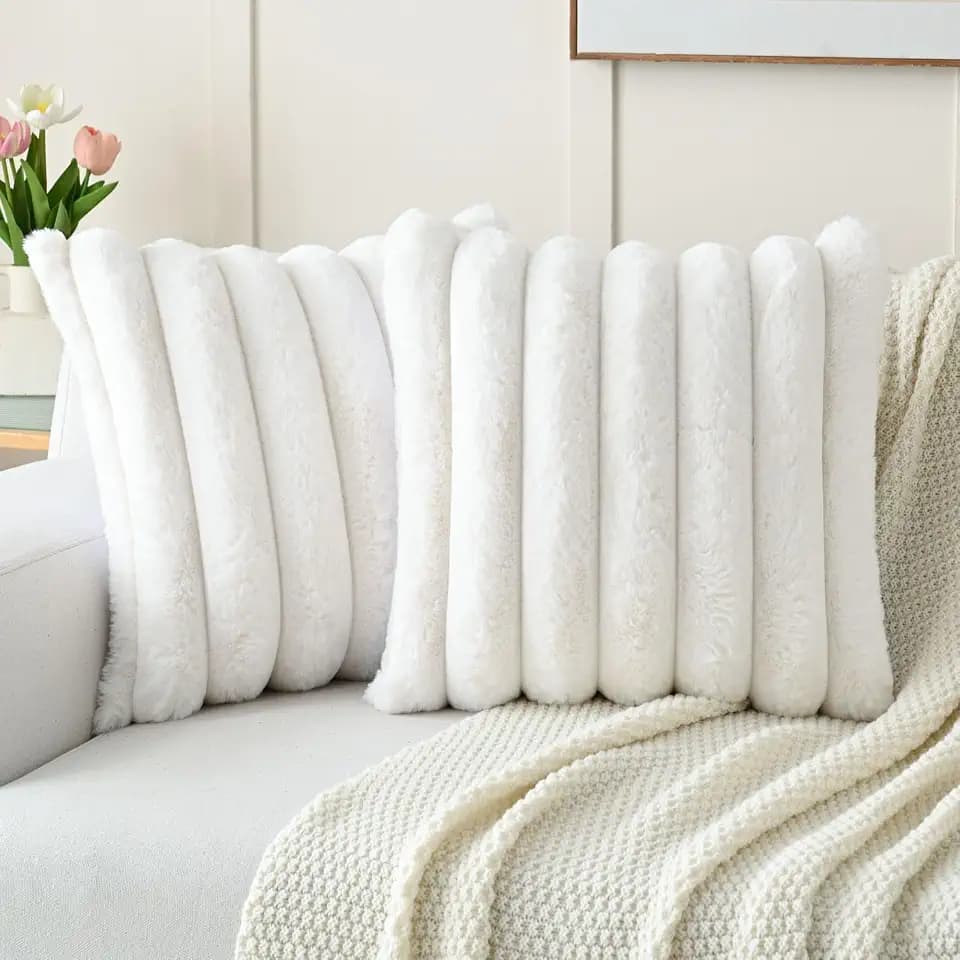HAUSSY Pack of 2 Faux Fur Throw Pillow Covers 22x22 Inch, Cream White
