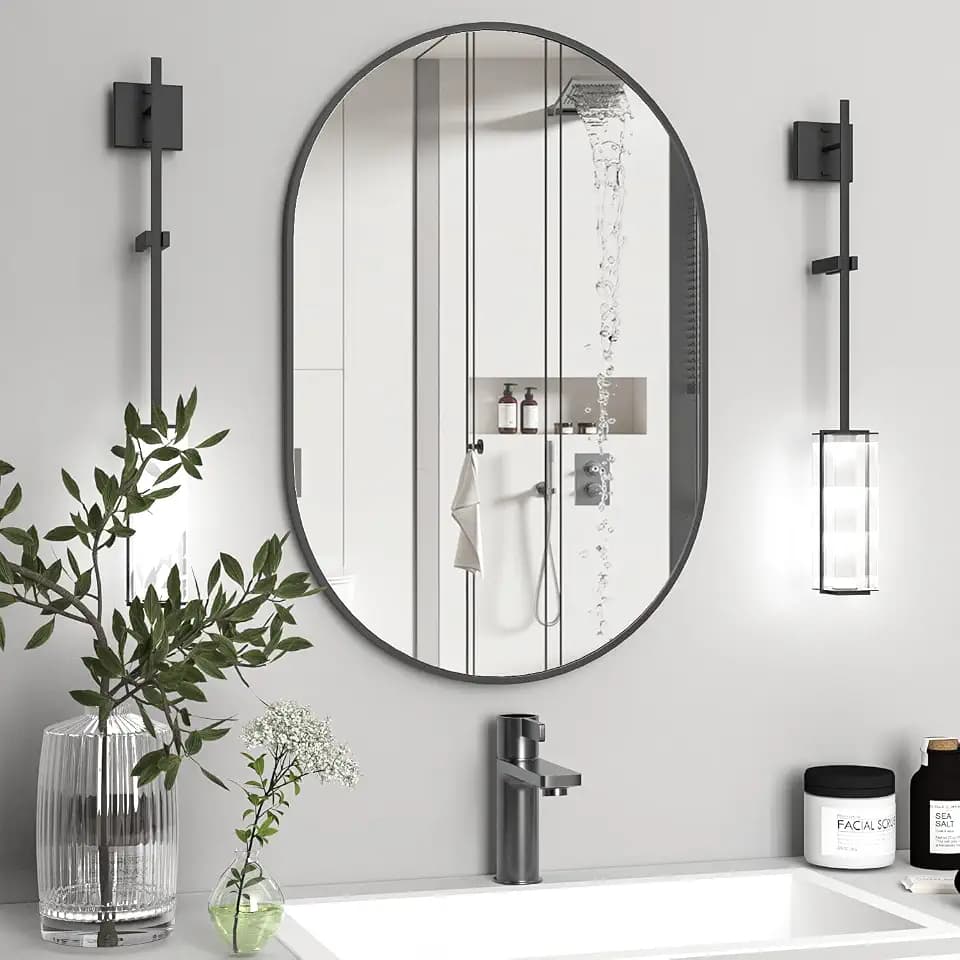 Oval Bathroom Mirror Capsule Wall Vanity Mirror, 24"x36" Pill Mirrors Wall Mounted Mirror, Large Modern Mirror with Black Metal Frame, Decor for Entryway, Bedroom, Living Room
