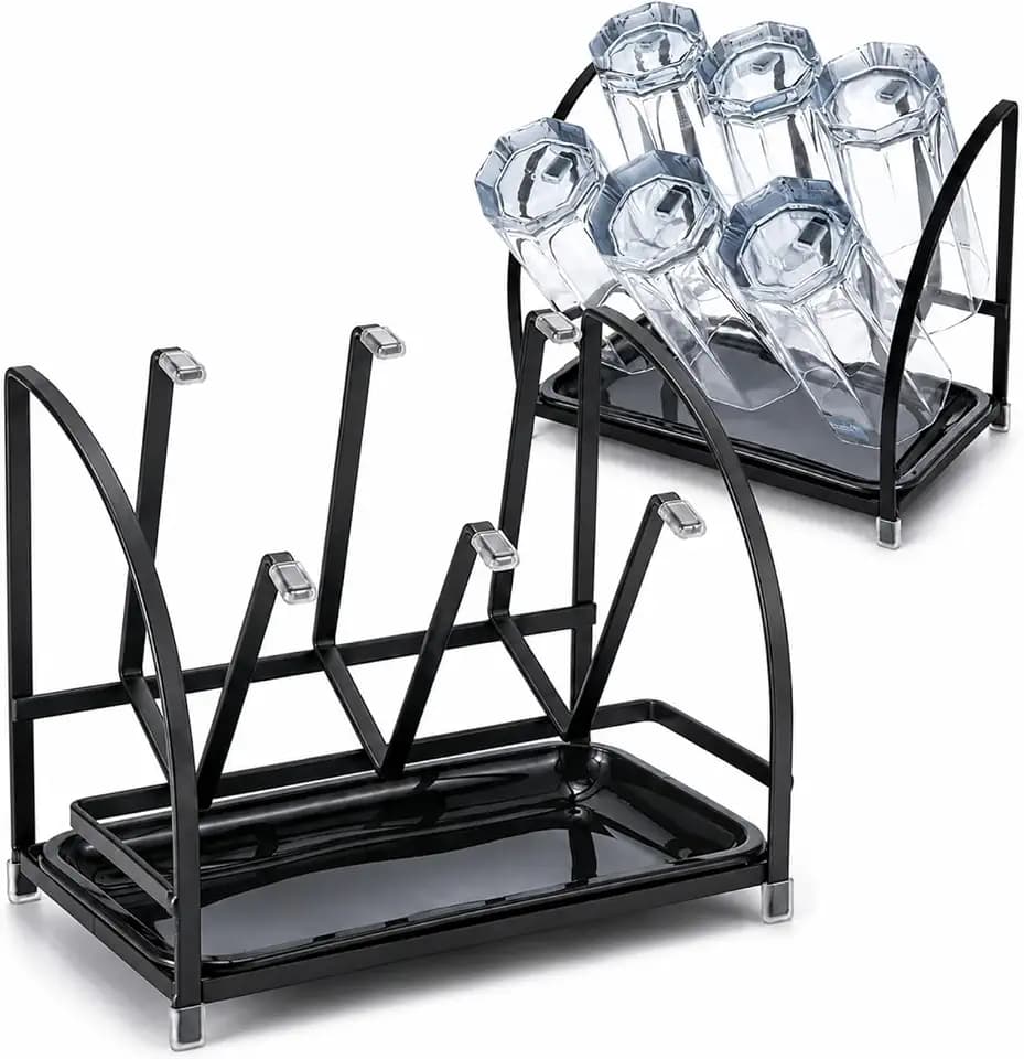 RHBLME 2 Packs Glass Drying Rack, Vertical Bottle Drying Rack Glass Bottle Holder with Drain Tray, Silicone Protective Hooks, Carbon Steel Non Slip Cup Mug Organizer for Glass Coffee Mug Countertop