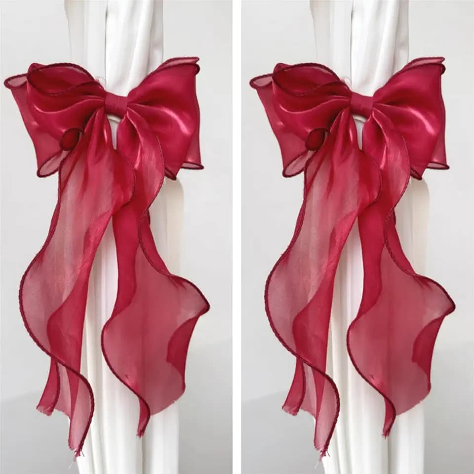 2 Pack French Silky Bow Curtain Tiebacks, Elegant Lace Ribbon for Curtains Decorative Rope Accessories Home Décor (Red,2)