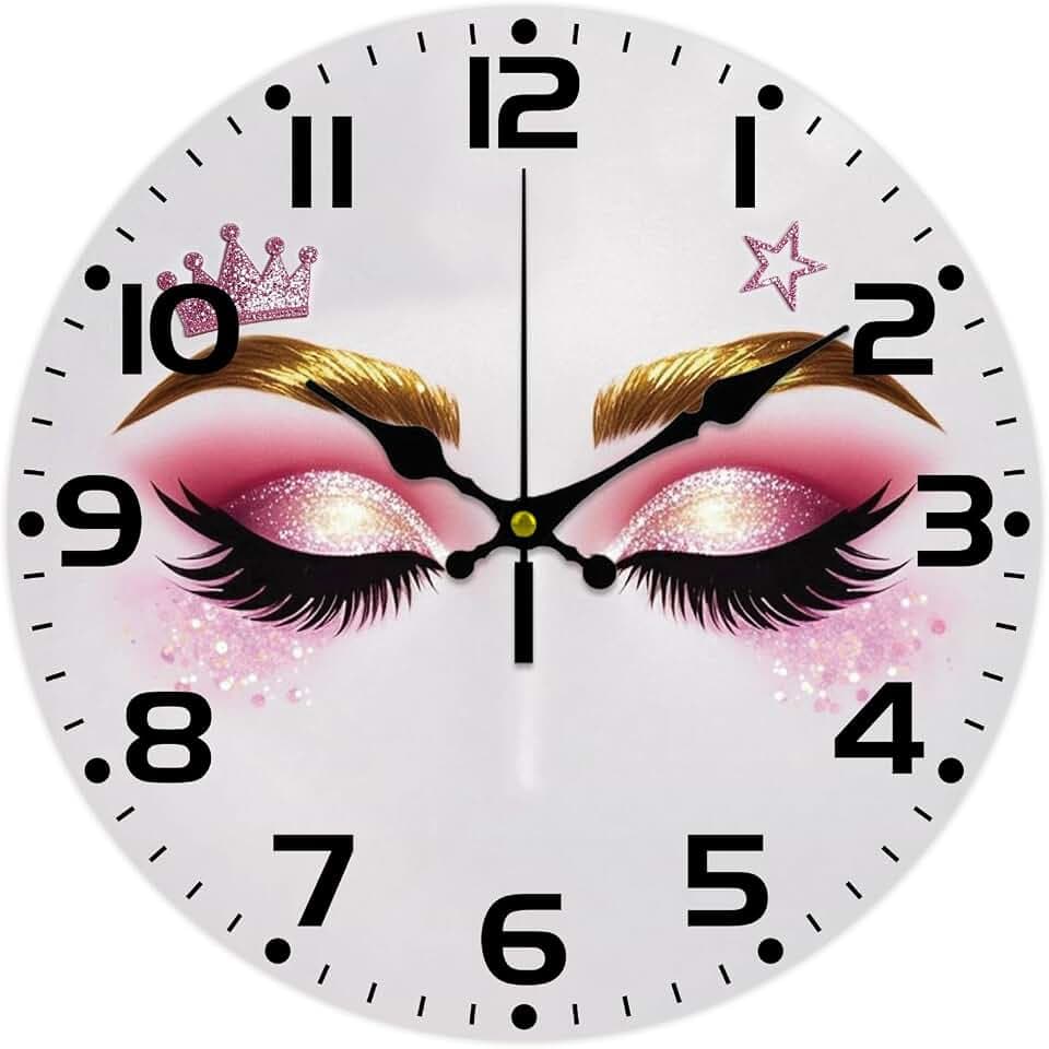 Closed Eyelashes Wall Clock Crown Decorative Wall Clocks Golden Eyebrows Non-Ticking Clock for Home Office Decoration, 12×12 inch