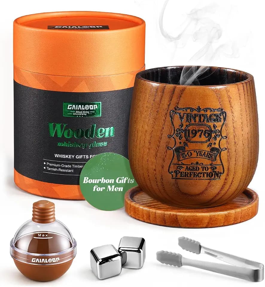 Gaialoop Charred Wooden Bourbon Glass Gift Set, Vintage Pattern Engraving