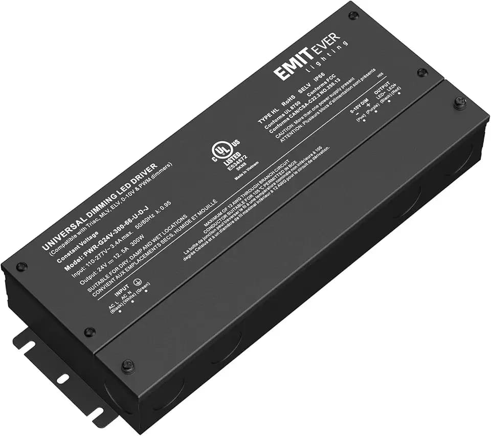EMITEVER 300W 24V 5-in-1 Dimmable LED Driver,AC 110-277V to DC Transformer