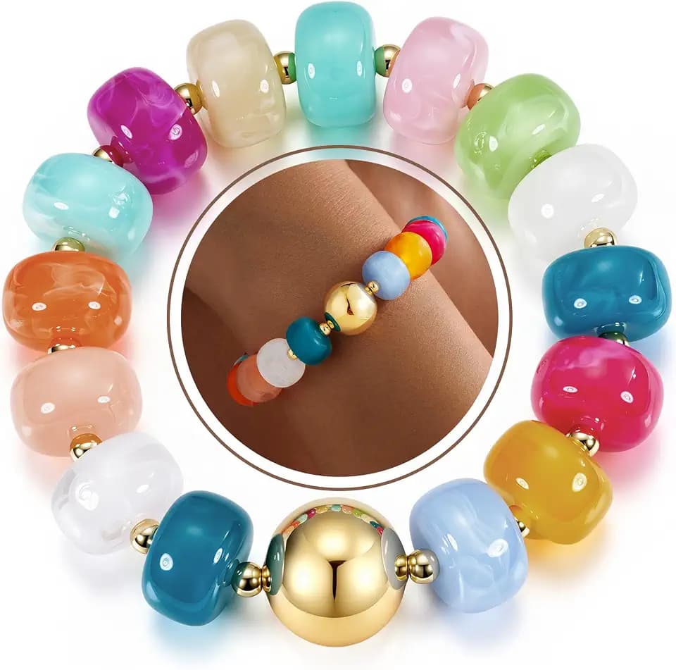 Turandoss 14K Gold Plated Colorful Chunky Resin Beaded Bracelets for Women