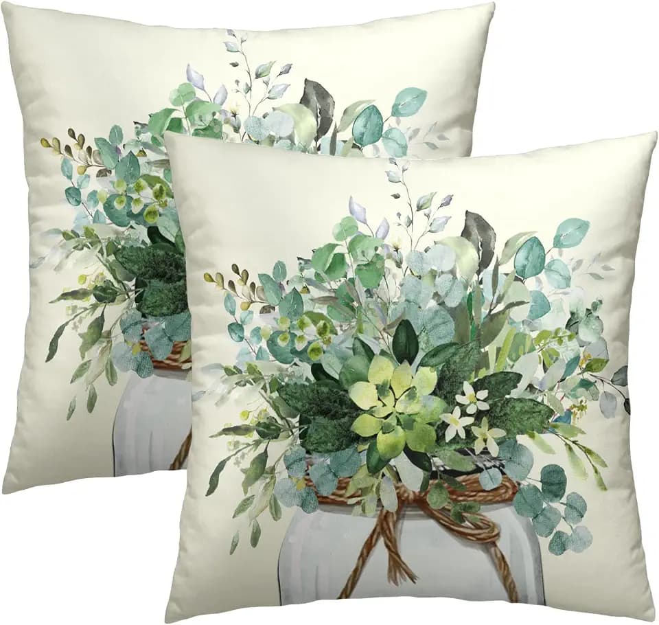 Green Plant Leaf Pillow Covers 20x20 Inch, 2Pcs Watercolor Eucalyptus Leaves Throw Cushion Cover Pillow Case Spring Summer Farmhouse Home Decor for Sofa Bed Couch