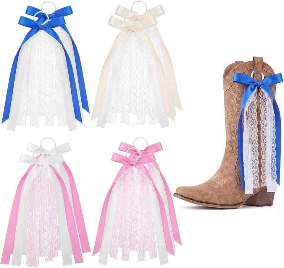 8 Pcs Ribbon Boot Bows for Cowgirl, Pink, Ivory, Blue, White