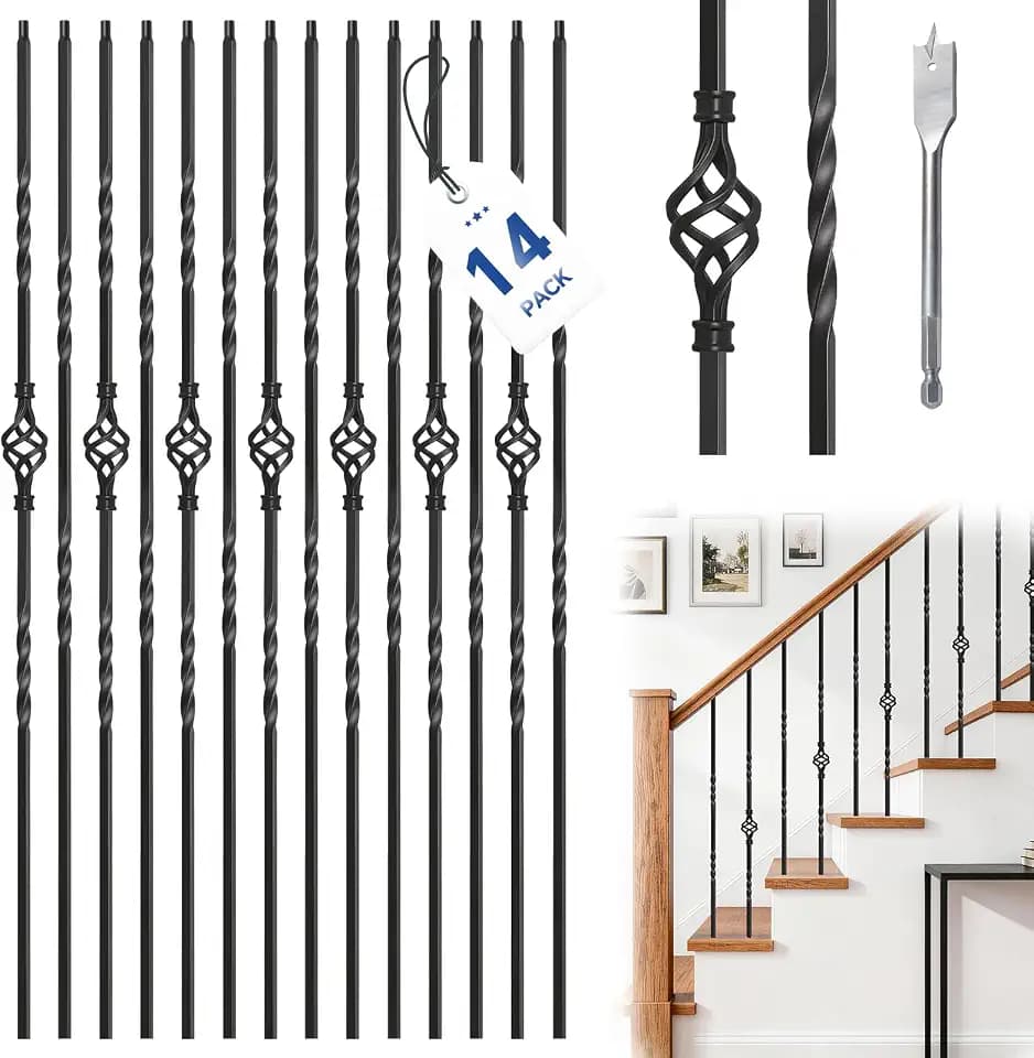14 Pack Wrought Iron Balusters for Staircase Interior, 44" Black Metal Stair Spindles Balusters for Stairs Banister Railing Indoor (7 Double Twist+7 Single Basket)