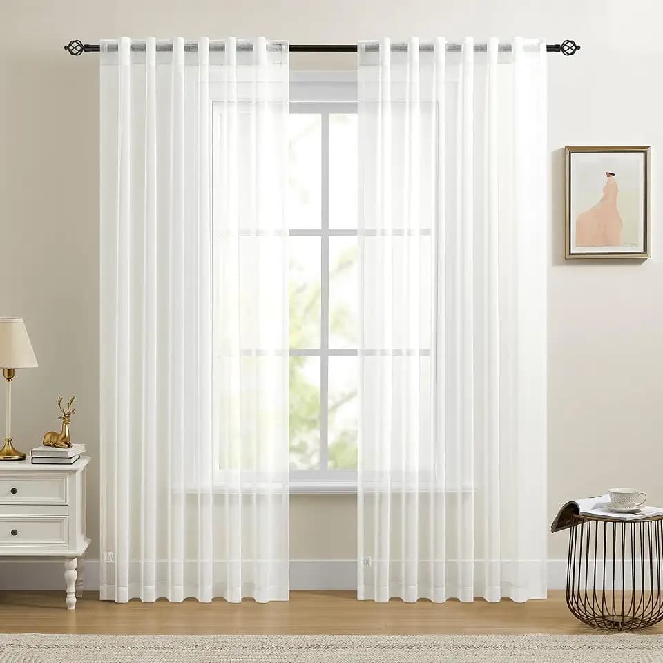 Dreaming Casa White Sheer Curtains 84 Inch Long, Rod Pocket & Back Tab Top