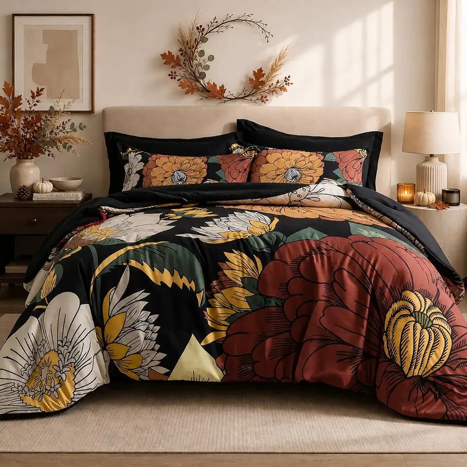 Tyrot Black Boho Floral King Comforter Set - 3 Piece Farmhouse Botanical Bedding Comforter Sets for All Season Soft Lightweight Mid Century Bed Set, (1 Reversible Comforter and 2 Pillow Shams