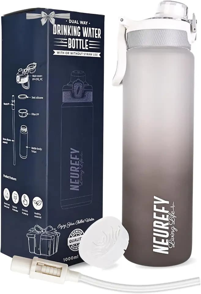 Trinkflasche mit Strohhalm 1L (herausnehmbarem) – Auslaufsicher, Spülmaschinengeeignet & Für Kohlensäure – Tritan BPA-frei – Weites Mundstück,Trinkmenge & Sieb – Für Schule & Alltag