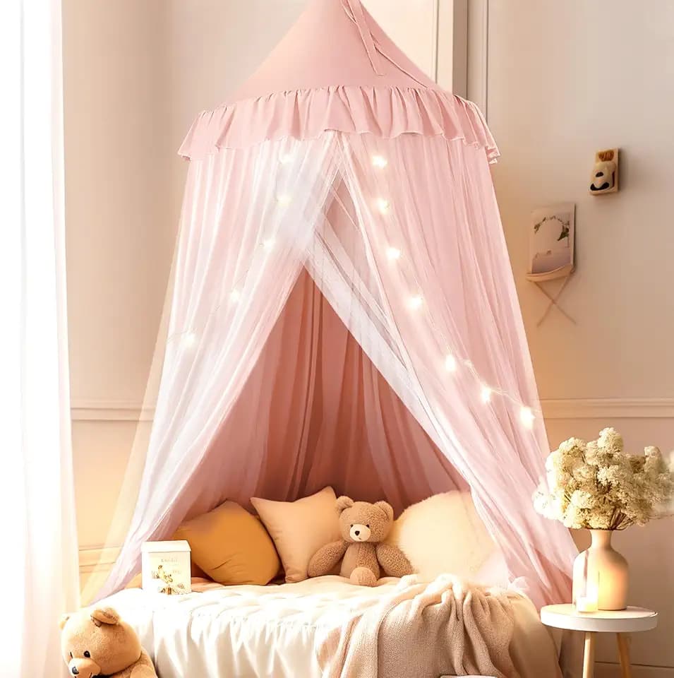 little dove Bed Canopy for Girls with Star Lights, 25.6''x106'', Peach Pink