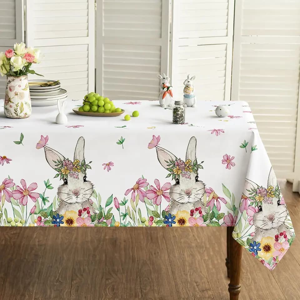 Horaldaily Easter Tablecloth 60 x 104 Inch Rectangular Spring Flower Bunny