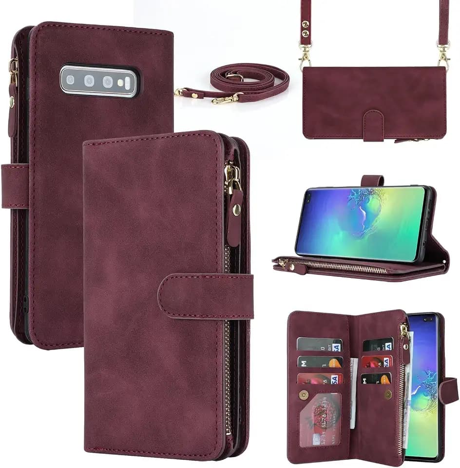 iCoverCase for Samsung Galaxy S10 Wallet Case with Card Holder for Women, Crossbody Lanyard Strap Kickstand PU Leather Case with Zipper Pocket Credit Card Slots Cover (Claret)