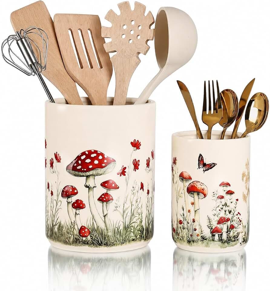 Set of 2 Mushroom Utensil Holders for Kitchen Counter, Ceramic Crocks