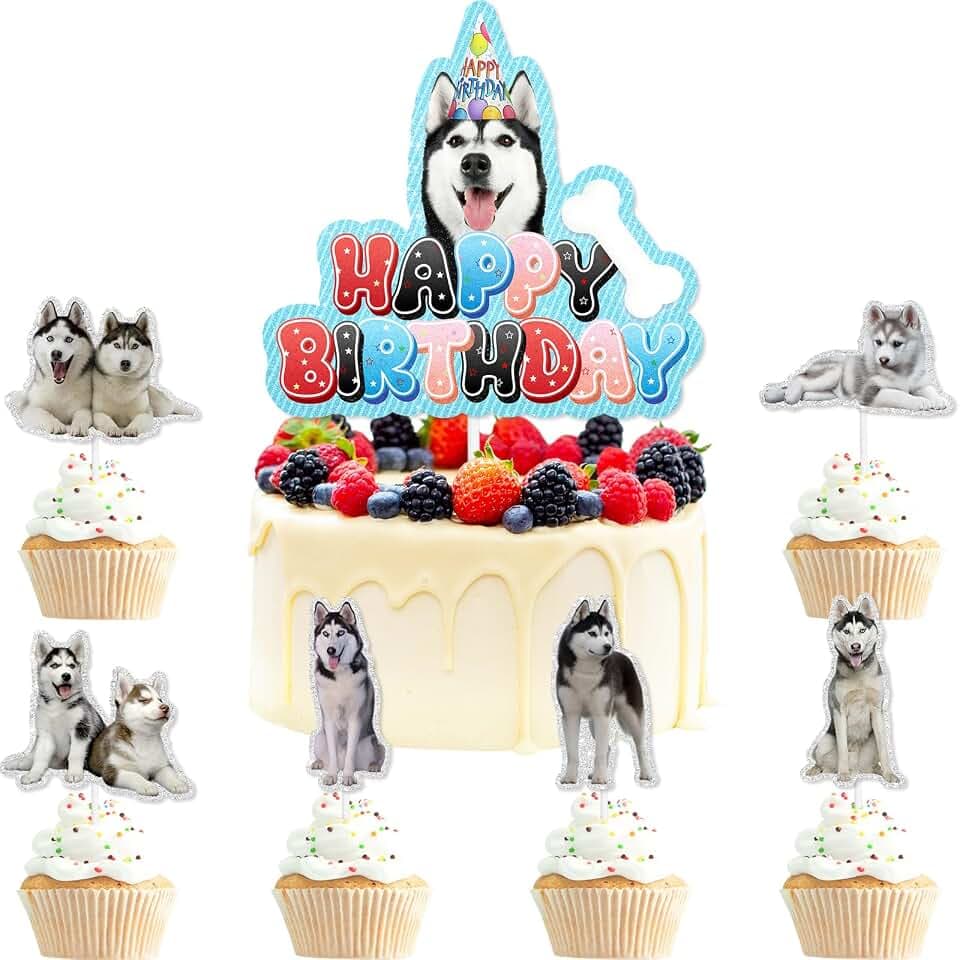 7Pcs Cute Puppy Themed Happy Birthday Dog Paw Prints Cake topper Set - Dog Birthday Party, Pet Party Baby Shower Party, or Boys and Girls Birthday Party Bones, Huskies Decorations - LIANGSS