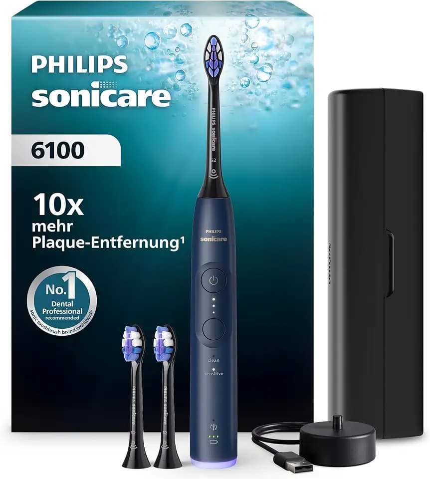 Philips Sonicare Series 6100 Elektrische Zahnbürste - Technologie der nächsten Generation, Drucksensor, 6 Putzeinstellungen, SmarTimer, BrushPacer, 21 Tage Laufzeit, Reiseetui, Marineblau, HX7403/07