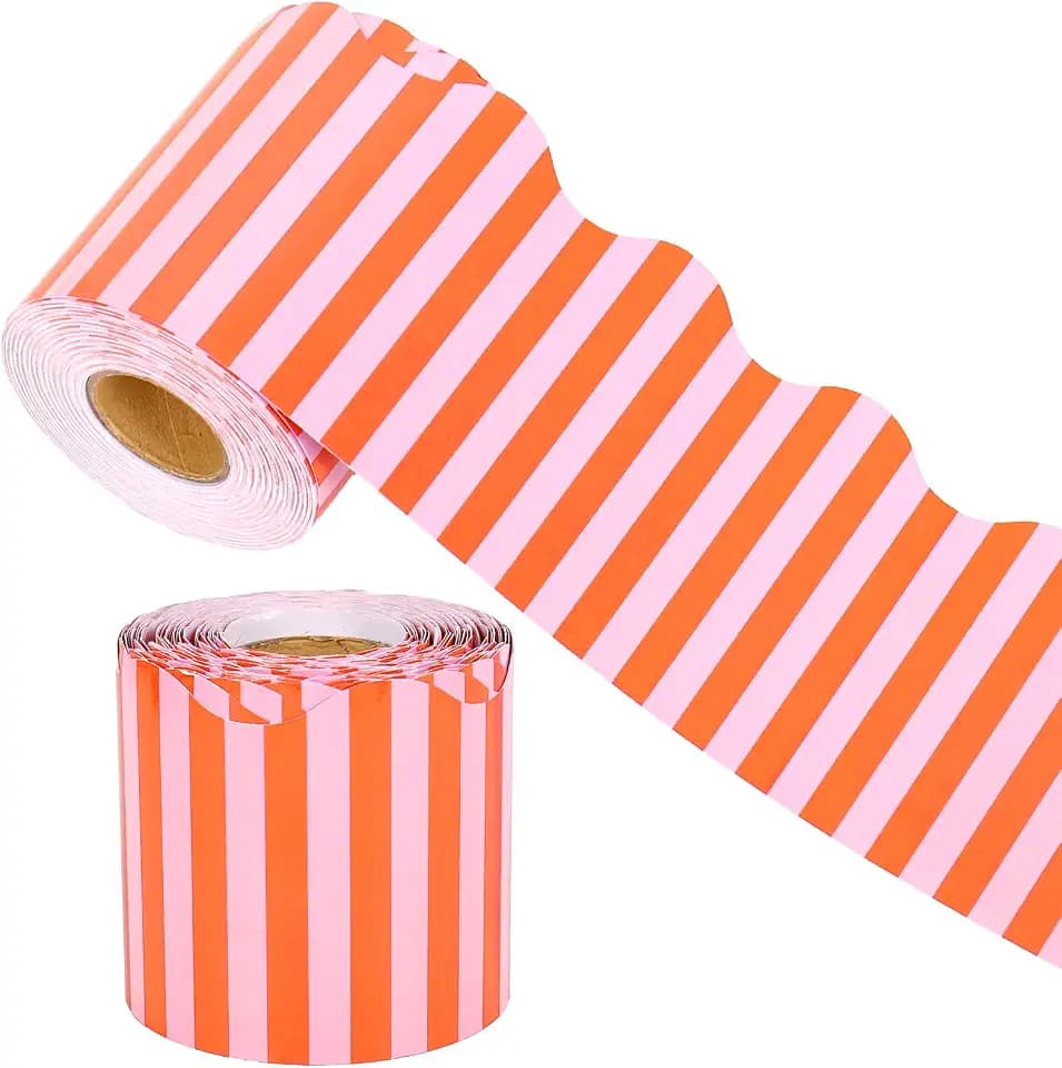 Whaline 65.6Ft Stripe Scalloped Bulletin Board Border, Orange Pink