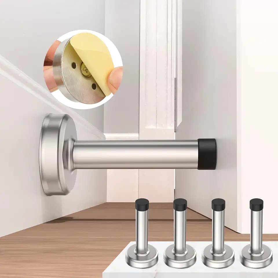 4 Pack Door Stops, 304 Stainless Steel Door Stoppers, Easy Installation with Strong Adhesive Tapes, No Drilling Door Stops for Bottom and Top of Door, Silver