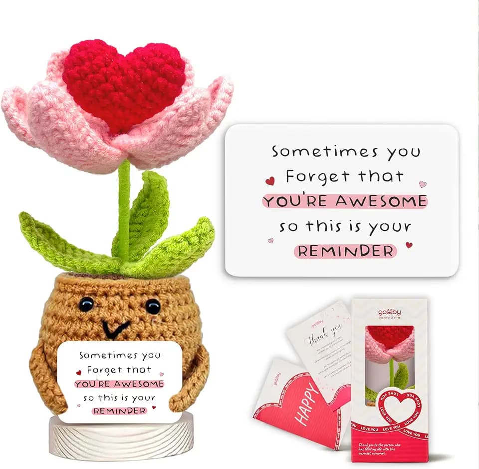 Gossby Handmade Positive Heart Flower Crochet - Sometimes You Forget You're Awesome - Inspirational Gift for Women - Birthday, Appreciation, Positive Gift for Teacher, Mom, Friend, Coworker