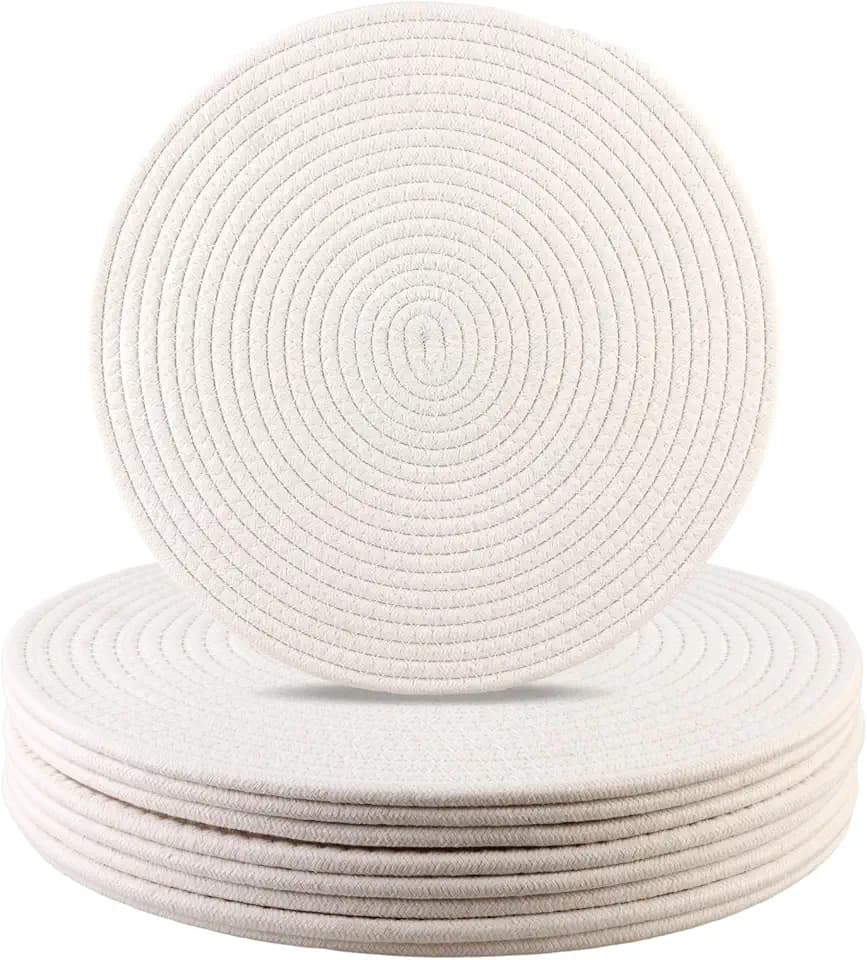 Round Woven Placemats Set of 8 Heat Resistant Placemats 13.5 Inches Farmhouse Cotton Rope Place Mats for Dining Tables Trivets for Hot Dishes, White