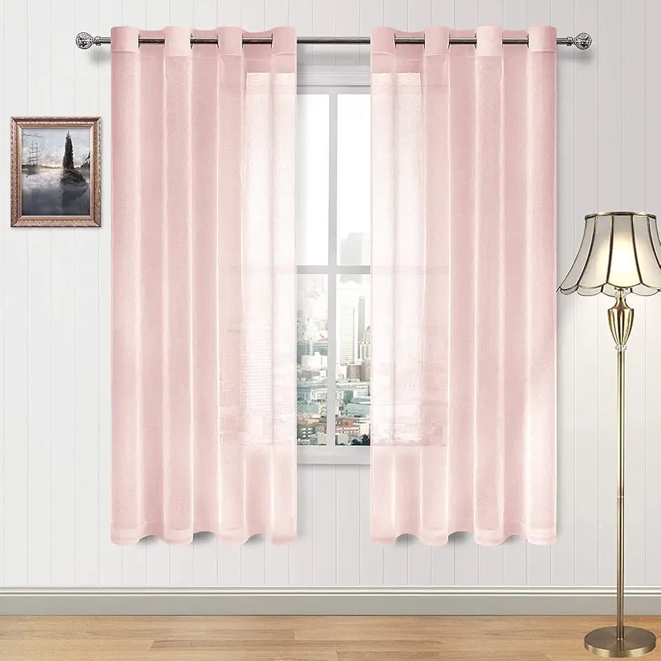 DWCN Blush Pink Sheer Curtains Bedroom Curtains Faux Linen Voile Sheer Drapes Grommet Top Window Curtain Panel 52 x 63 inches Long,Set of 2 Panels
