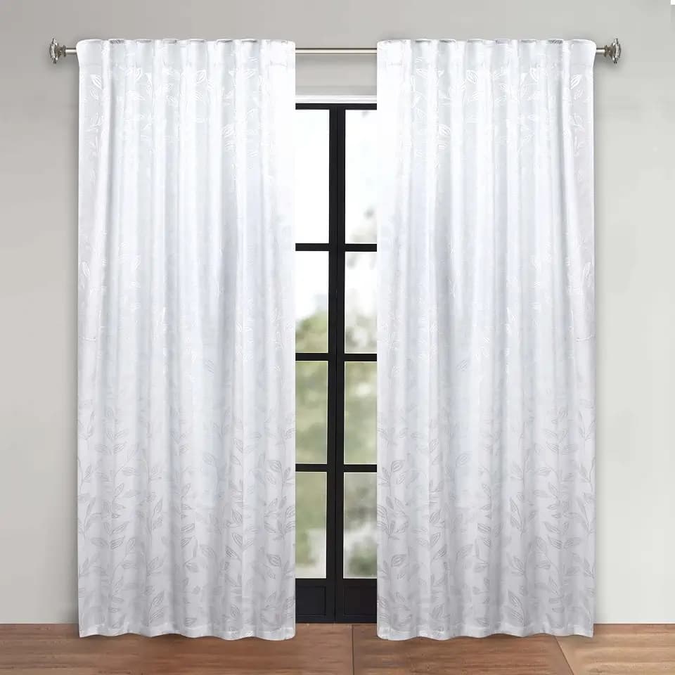 SUPERIOR Semi Blackout Curtains - Modern Leaves - 52" x 108" - Grommet Header & Back Tabs - Sun Blocking, Room Darkening Drapes for Bedroom, Living Room - Set of 2 Panels - White/White
