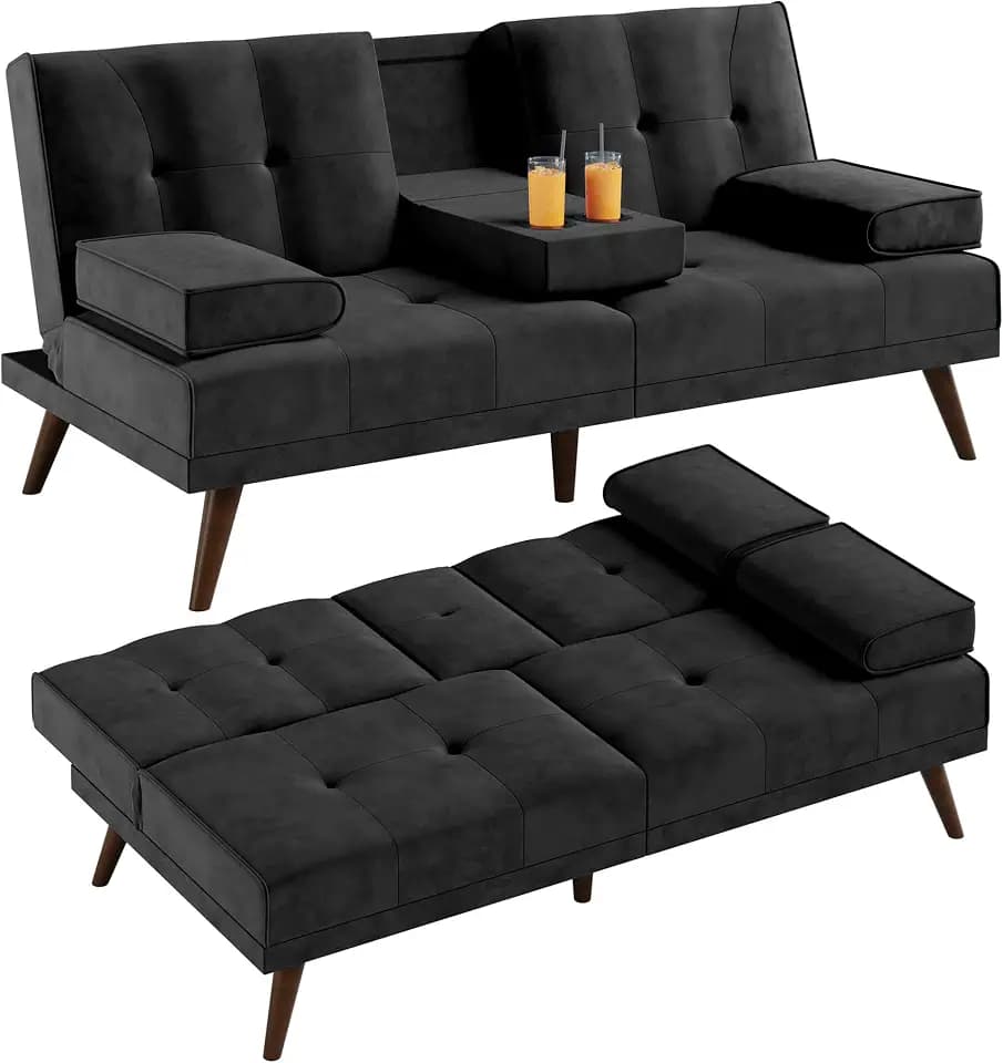 Shintenchi Small Futon Sofa Bed, 60" Reclining Convertible Velvet Loveseat with 2 Cup Holders, Modern Folding Couch w/Armrests, Upholstered Foldable Sleeper for Small Space, Black