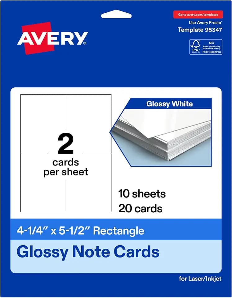 Avery® Printable Rectangle Note Cards, 4.25" x 5.5", Glossy White Cardstock, Laser/Inkjet, 20 Total, Great for Thank You Cards, Event Invitations, and More
