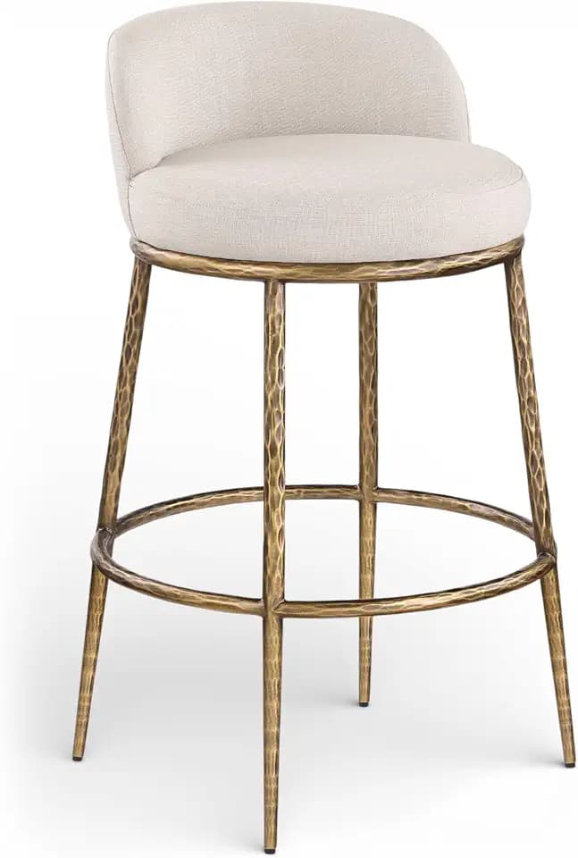 Meridian Furniture 77084Beige-C Ferro Collection Modern | Contemporary Bar Stool with Rich Linen Textured Performance Fabric, Iron Legs and Frame, 21" W x 21" D x 36" H, Beige/Antique Brass
