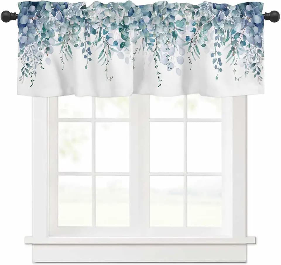Curtain Valance for Windows Blue Eucalyptus Rod Pocket Valance Window Treatments 1 Panel Watercolor Leaves Short Curtains for Kitchen Windows Bathroom Bedroom 42x12in